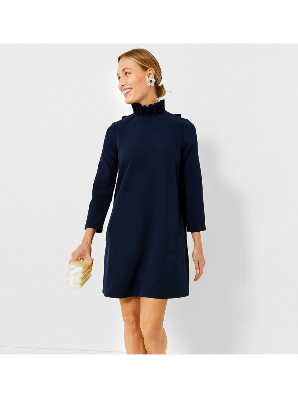 Tuckernuck Navy Blue Daphne Dress sz L Ruffle Collar Bow Swing Mini Party NWT